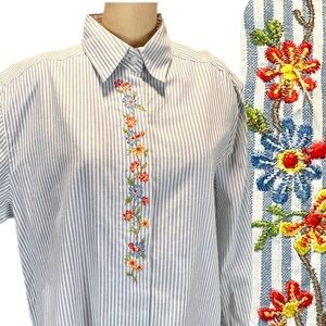 VINTAGE 90s Embroidered‎ flower garden button down shirt blue ticking stripe nwt